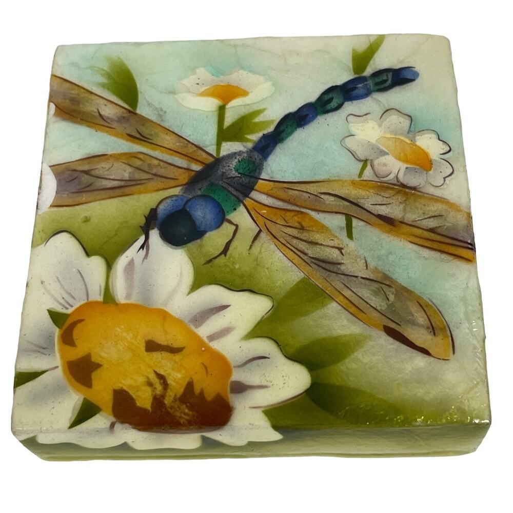 Capiz Shell Box Handcrafted Opalescent Dragonfly Sunflower Sky Trinket